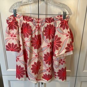 Maeve Off-Shoulder Embroidered Floral Top in White and Red